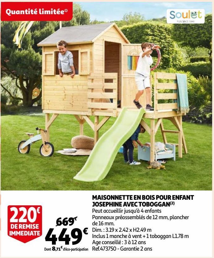 MAISONNETTE EN BOIS POUR ENFANT JOSEPHINE AVEC TOBOGGAN(