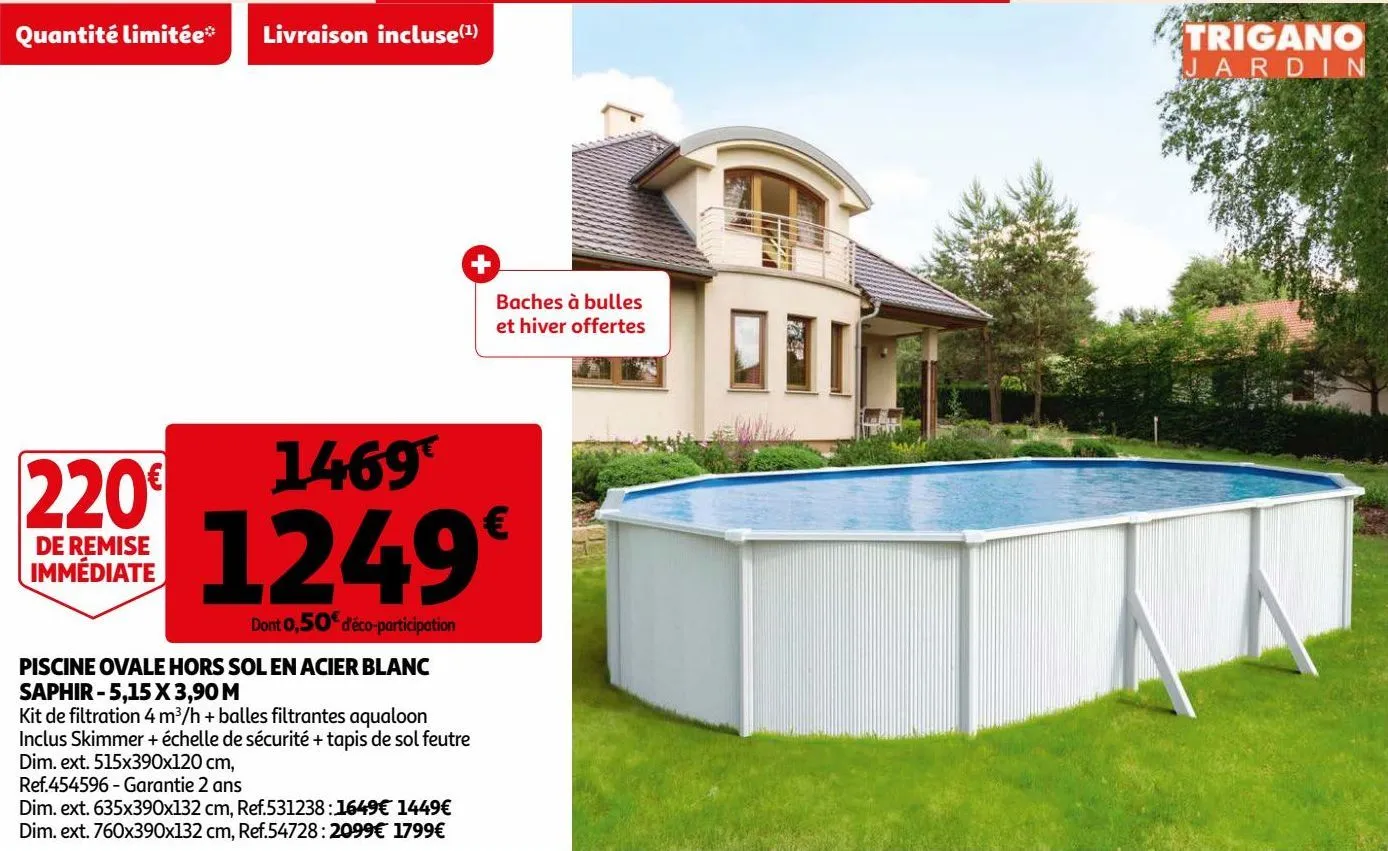 piscine ovale hors sol en acier blanc saphir - 5,15 x 3,90 m