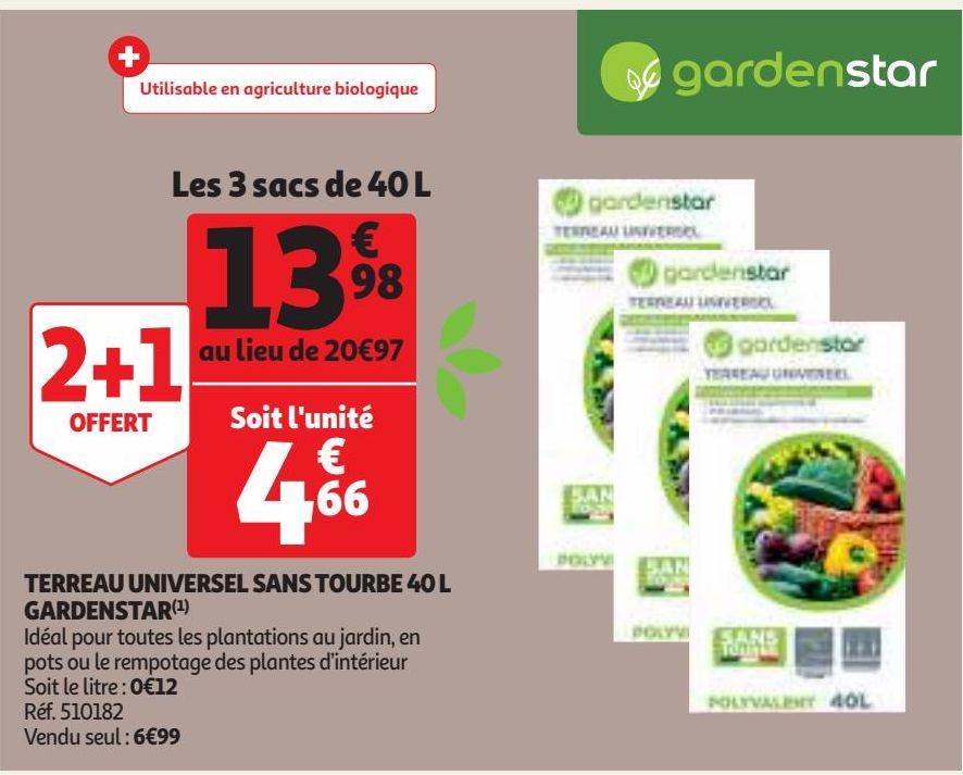 TERREAU UNIVERSEL SANS TOURBE 40 L GARDENSTAR