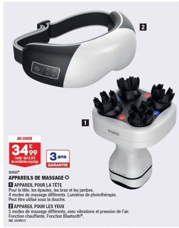 AU CHOIX  3499  -  decrecyclage  3 ans  GARANTIE  QUIGG  APPAREILS DE MASSAGE O  APPAREIL POUR LA TÊTE  Pour la tête, les épaules, les bras et les jambes.  4 modes de massage différents. Lumiéres de p