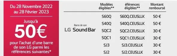 jusqu'à  50€  pour l'achat d'une barre de son lg parmi les  références suivantes*  modèles  éférences  éligibles** éligibles**  s60q  s40q  barre de son  lg sound bar sqc2  sqc1  sj3  sj2  s60q.ceusll