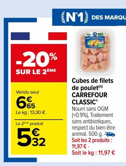 Cubes de filets  de poulet(n)  CARREFOUR  CLASSIC’
