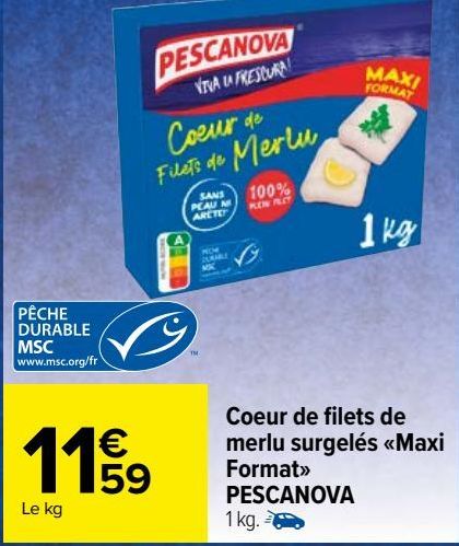 Coeur de filets de  merlu surgelés «Maxi  Format»  PESCANOVA