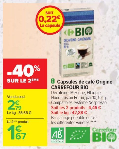 Capsules de café Origine CARREFOUR BIO