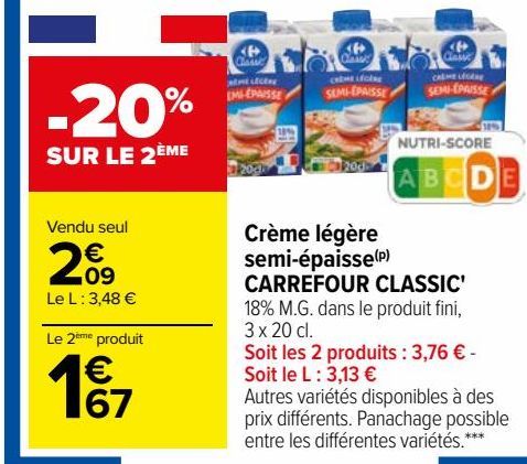 Crème légère semi-épaisse CARREFOUR CLASSIC'