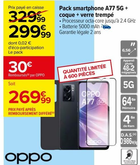 Pack smartphone A77 5G + coque + verre trempé