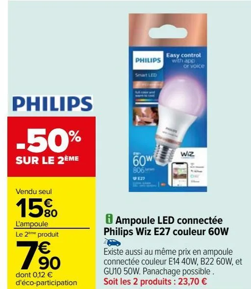 ampoule led connectée philips wiz e27 couleur 60w