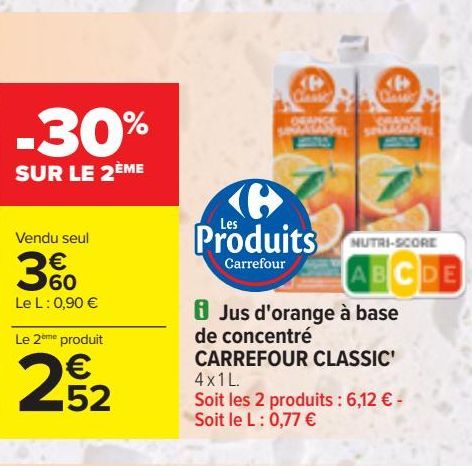 Jus d'orange à base de concentré CARREFOUR CLASSIC'