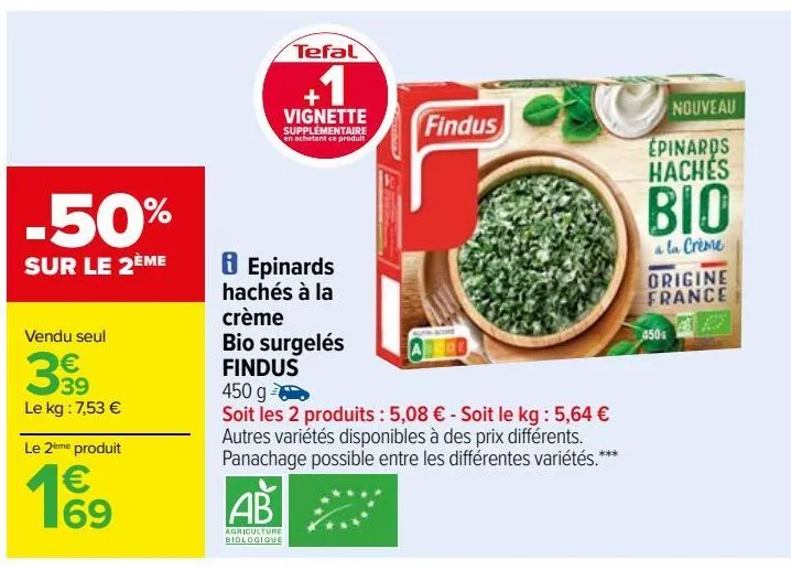 epinards hachés à la crème bio surgelés findus