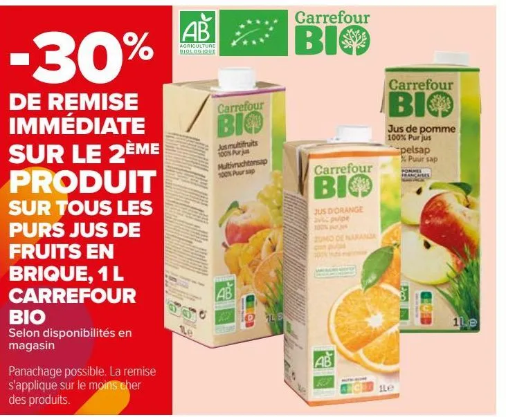 sur tous les purs jus de fruits en brique, 1 l carrefour bio