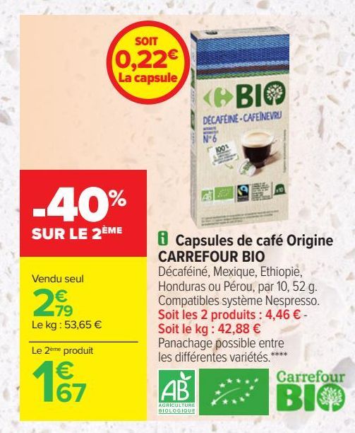 Capsules de café Origine CARREFOUR BIO