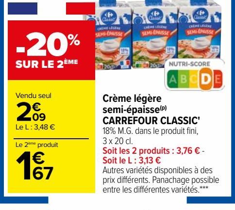 Crème légère semi-épaisse(p) CARREFOUR CLASSIC'