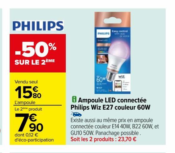 Ampoule LED connectée Philips Wiz E27 couleur 60W