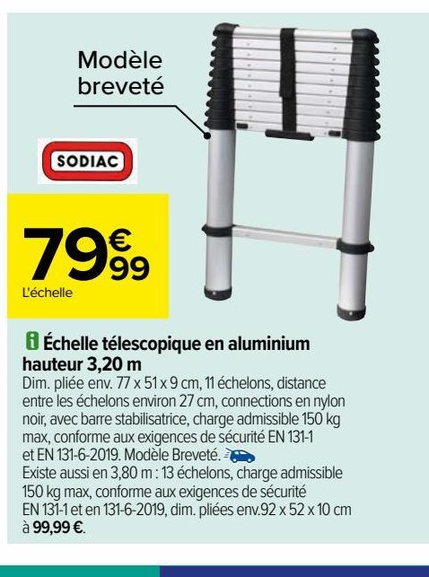 Échelle télescopique en aluminium hauteur 3,20 m