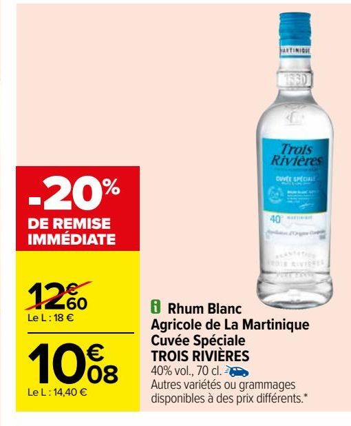 Rhum Blanc Agricole de La Martinique Cuvée Spéciale TROIS RIVIÈRES