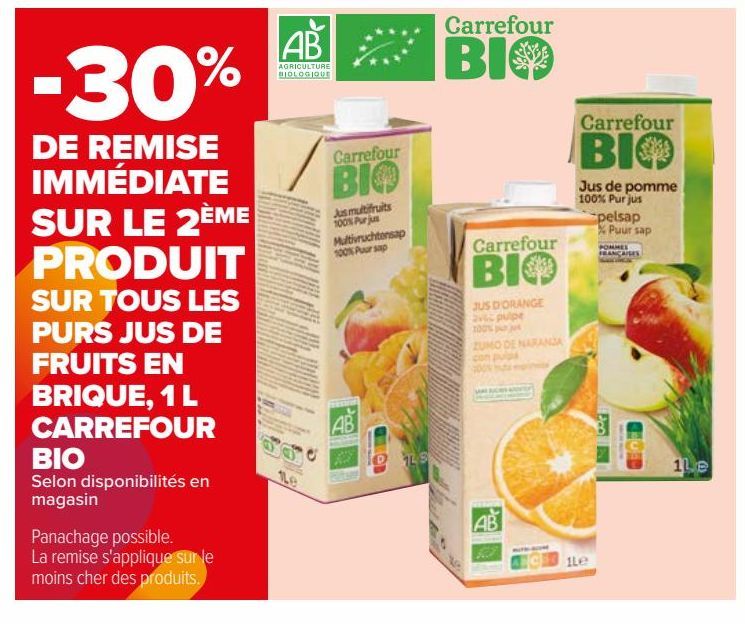 SUR TOUS LES PURS JUS DE FRUITS EN BRIQUE, 1 L CARREFOUR BIO