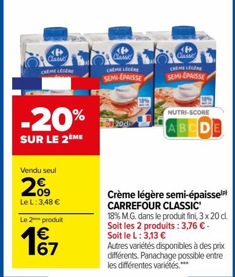 Crème légère semi-épaisse CARREFOUR CLASSIC