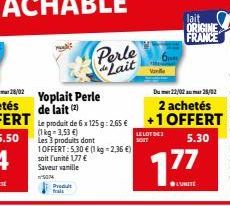 Produt frais  Perle de Lait  LELOT DES SOIT  lait  ORIGINE  FRANCE  177  L'UNITE 