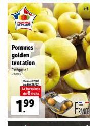 POMMES DE FRANCE  Pommes golden tentation  Catégorie 1  Du 22/00 audim 26/02 La barquette  de 6 fruits  1.⁹⁹  FRANCE 
