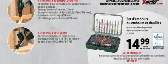 2. tête pour perceuse-visseuse  19 couples pour le vissage et 1 supplémentaire pour le perçage  serrage du mandrin max. 13 mm  accessoires inclus: 6 forets (1,5/2/3/4/5/6 mm), 6 embouts de vissage (50