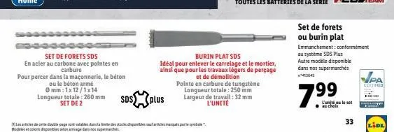 set de forets sds  en acier au carbone avec pointes en  carbure  pour percer dans la maçonnerie, le béton  ou le béton armé  0 mm: 1x12/1x14  longueur totale: 260 mm sds set de 2  plus  burin plat sds