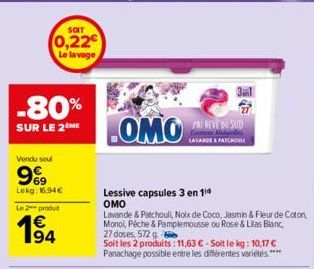 SOIT  0,22€ Le lavage  -80%  SUR LE 2 ME  Vendu soul  9%99  Lokg: 16,94€  Le 2 produit  194  LOMO  Lessive capsules 3 en 1⁰0 OMO  Lavande & Patchouli, Noix de Coco, Jasmin & Fleur de Coton, Mono, Pêch