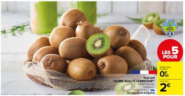 Kiwi vert  FILIERE QUALITÉ CARREFOUR  Variété Hayward Catégorie 1.  Calibre 85/95 g  Au rayon Fruits & légumes  BUN  QUALITE  LES 5  POUR  Vendu seul La ploce  0%  Les 5 pour  2€ 