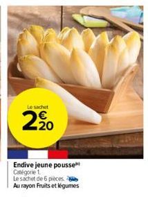 Le sachet  2,20  Endive jeune pousse Catégorie 1.  Le sachet de 6 pièces. Au rayon Fruits et légumes 