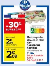 Vendu sout  299  L'oeuf: 0.25 €  Le 2 produt  09  -30%  SUR LE 2 ME  Produits  Cer  MUTRI-SCORE  Œufs de poules élevées en plein  Air CARREFOUR ORIGINAL Calibre moyen, par 12.  Soit les 2 produits : 5