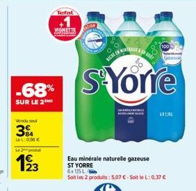 Vendu sel  384  LeL: 0,56 €  2  123  -68%  SUR LE 2M  VIGNETTE  NICHE DA  SYorre  Eau minérale naturelle gazeuse ST YORRE 6x115 L  Soit les 2 produits: 5,07 € - Soit le L: 0,37 €  Game  L 