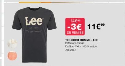 Lee  14€99  -3€ 11€⁹⁹  DE REMISE  TEE-SHIRT HOMME - LEE Différents coloris  Du S au XXL - 100% coton  #8542894 