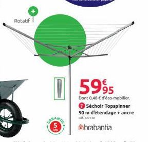 Rotatif  5995  Dont 0,48 € d'éco-mobilier.  → Séchoir Topspinner 50 m d'étendage + ancre  Raf. 427140  brabantia 