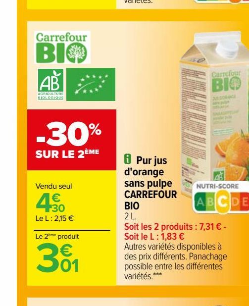 Pur jus d'orange sans pulpe CARREFOUR BIO