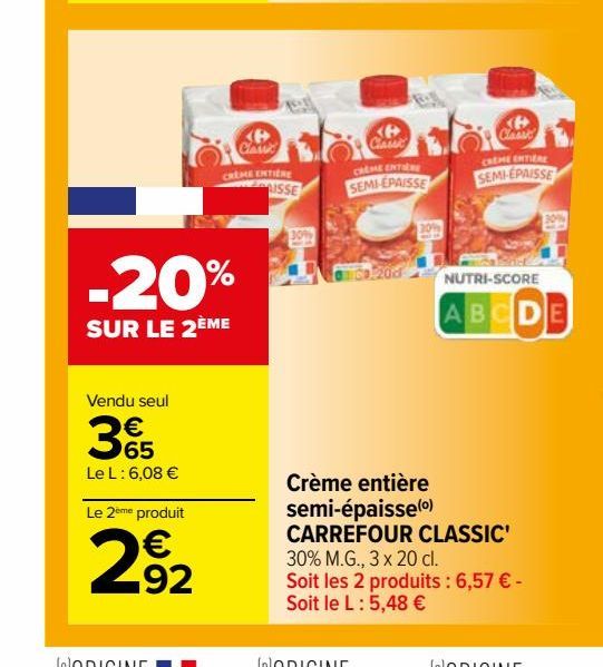 Crème entière semi-épaisse(o) CARREFOUR CLASSIC'