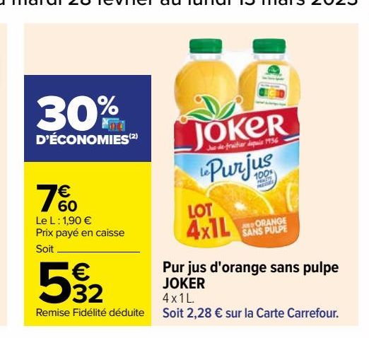 Pur jus d'orange sans pulpe JOKER