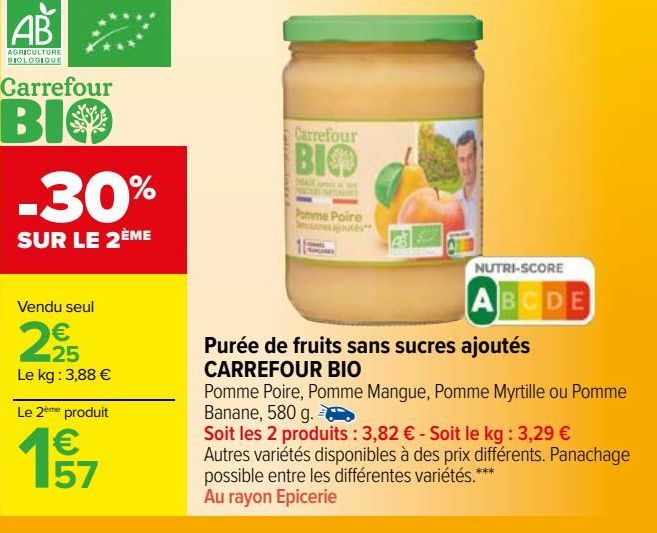 purée de fruits sans sucres ajoutés Carrefour bio