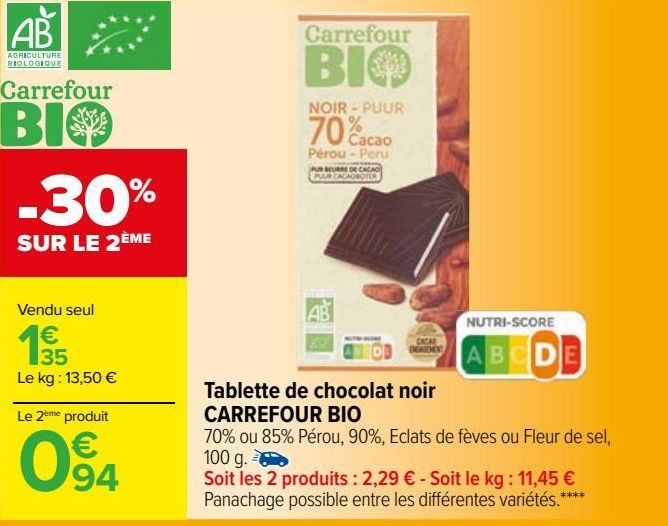 tablette de chocolat noir Carrefour bio