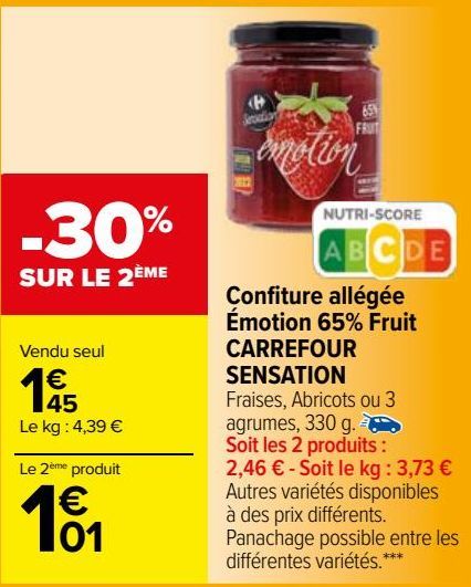 confiture allégée émotion 65% fruit Carrefour sensation