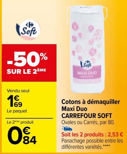 cotons à démaquiller maxi duo Carrefour soft