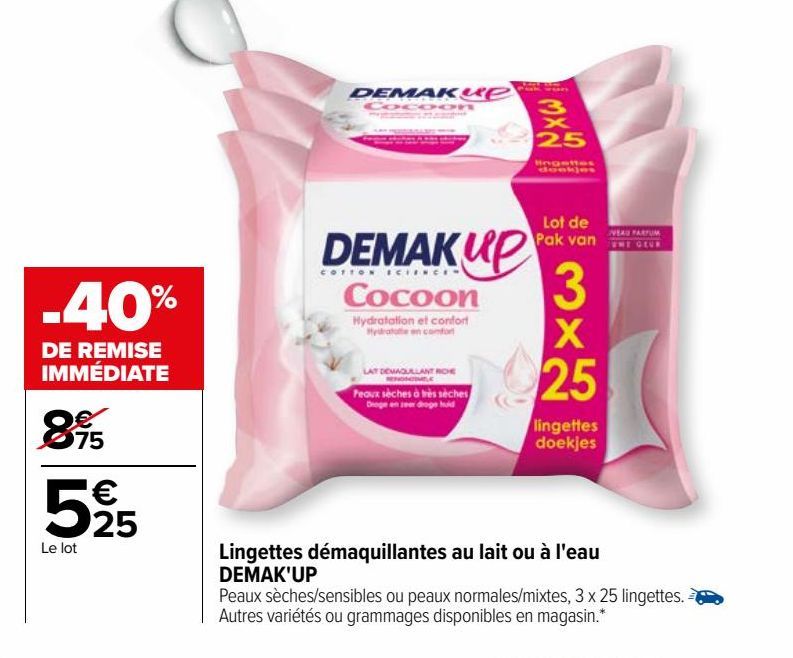 Lingettes démaquillantes au lait ou à l'eau DEMAK'UP