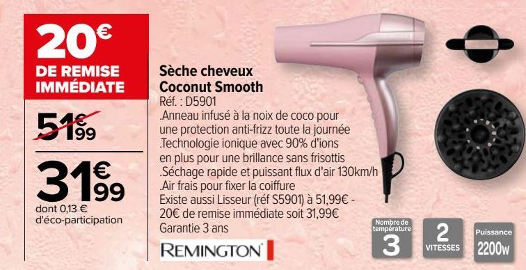 Sèche cheveux Coconut Smooth Remington