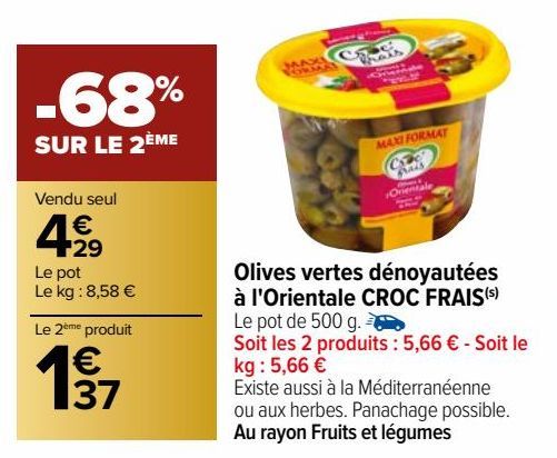 OLIVES VERTES DENOYAUTEES A L'ORIENTALE CROC FRAIS