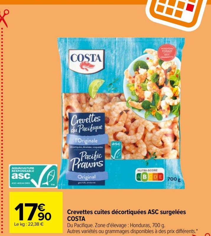 Crevettes cuites décortiquées ASC surgelées COSTA