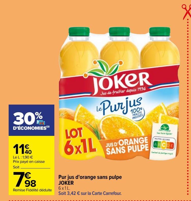 Pur jus d'orange sans pulpe JOKER