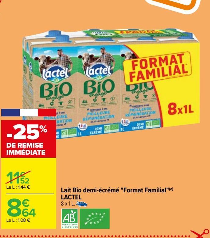 Lait Bio demi-écrémé "Format Familial"(o) LACTEL