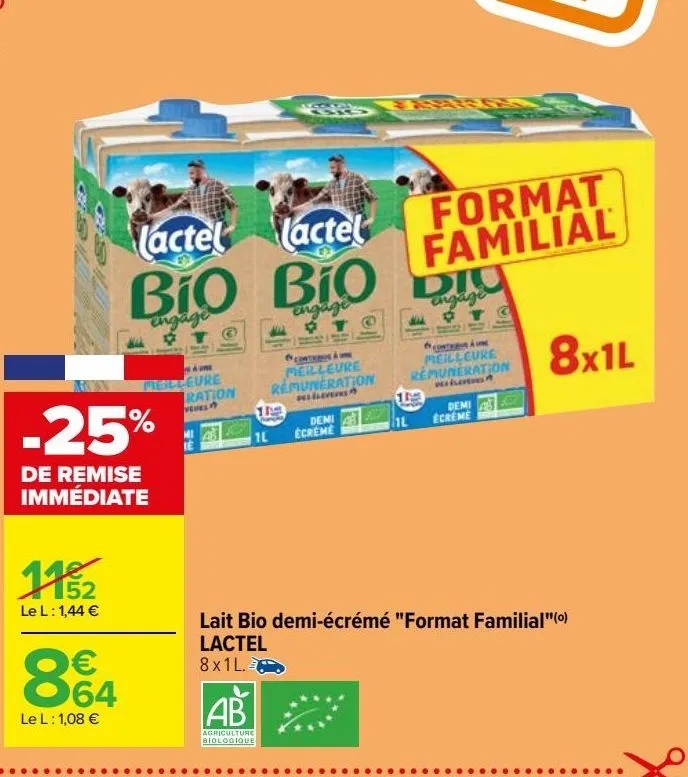 lait bio demi-écrémé "format familial"(o) lactel