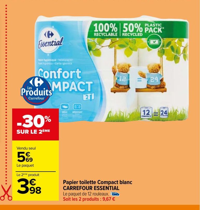 Papier toilette Compact blanc CARREFOUR ESSENTIAL