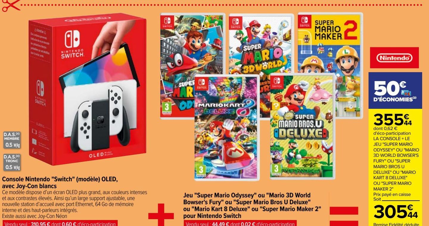Console Nintendo "Switch" (modèle) OLED, avec Joy-Con blancs + Jeu "Super Mario Odyssey" ou "Mario 3D World Bowser's Fury" ou "Super Mario Bros U Deluxe" ou "Mario Kart 8 Deluxe" ou "Super Mario Maker