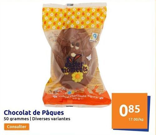 MIDA  easter moments  ellow chocolate figure  so ge  Chocolat de Pâques  50 grammes | Diverses variantes  Consulter  Pamer  085  17.00/kg  