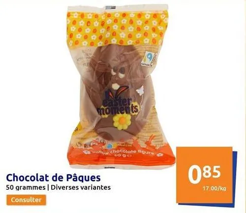 mida  easter moments  ellow chocolate figure  so ge  chocolat de pâques  50 grammes | diverses variantes  consulter  pamer  085  17.00/kg  